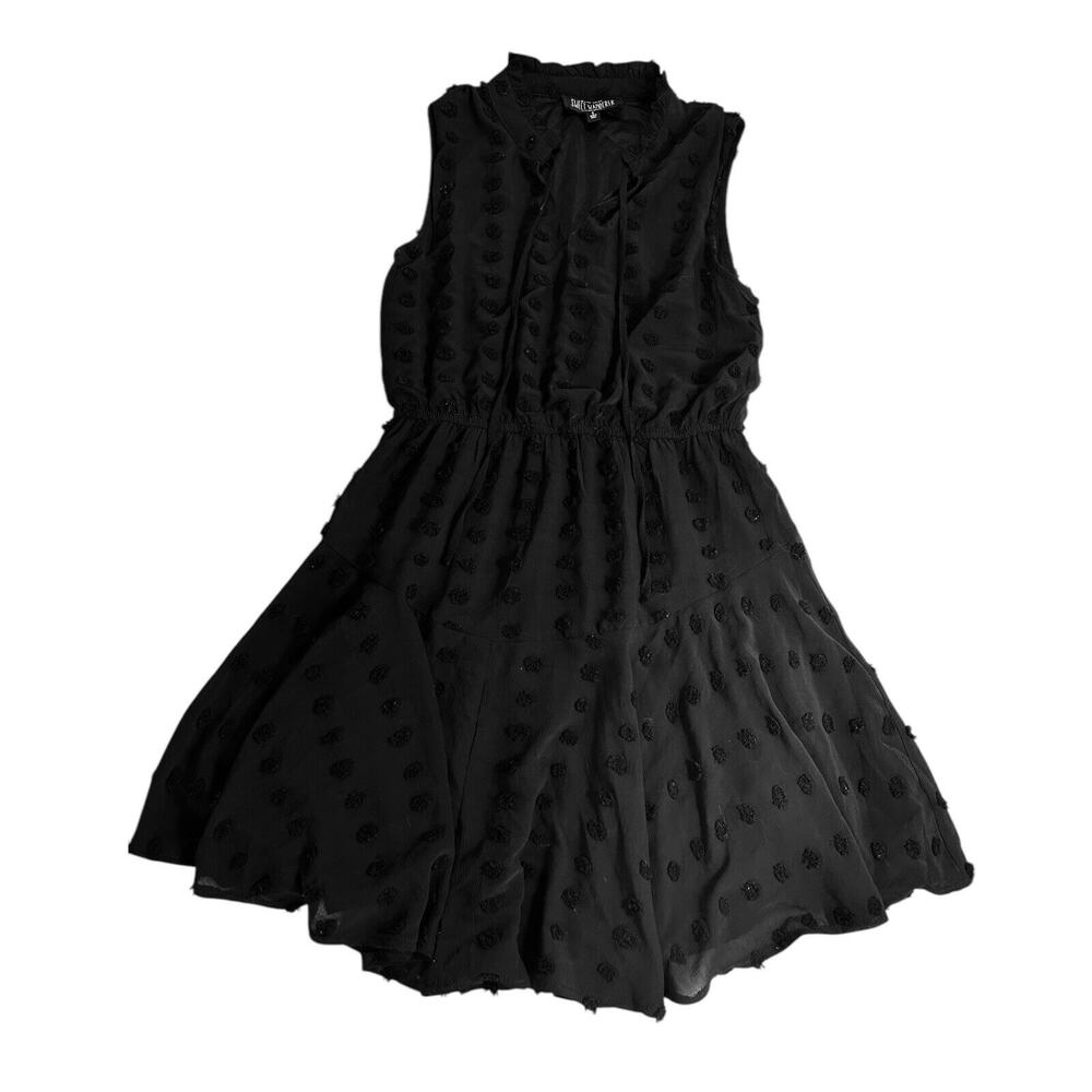 NEW Sweet Wanderer M Black Swiss Dot Ruffle Tie Neck Sleeveless Dress Pom Pom